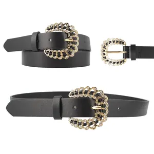 Hot sell new design fashion PU leather waistband for clothing gold rhinestone buckle women belt