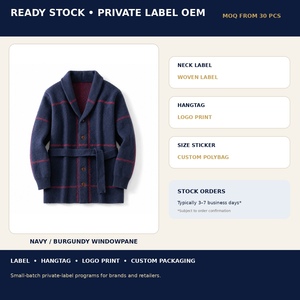 Cardigã Masculino de Tricô Longo com Cinto e Gola Xale Xadrez 100% Poliéster Vintage Jaqueta de Inverno Atacado OEM - Product Image 6