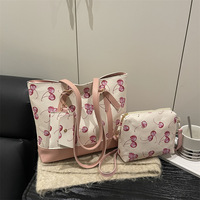 Ensemble de 3 sacs fourre-tout à imprimé cerise pour femmes, sac à main à bandoulière de grande capacité, sac de shopping décontracté mignon avec petite pochette