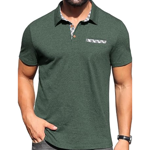 Men's Green Short Sleeve <b>Polo</b> <b>Shirt</b> <b>With</b> Chest <b>Pocket</b> Casual Knitted Cotton Breathable Solid Color Design Regular Fit - Product Image 1