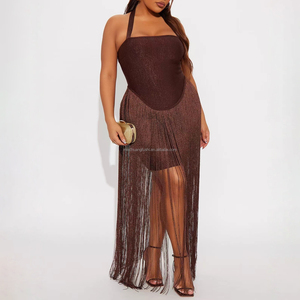 Kadınlar İçin Özel Yapım Simli Halter Saçaklı Elbiseler, Kulüp ve Kokteyl Elbisesi - Product Image 2