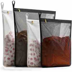 Sac à linge durable, écologique et réutilisable en polyester et coton, avec cordon de serrage, fermeture éclair, pliable, design en maille, tissu élégant pour le lavage - Product Image 1
