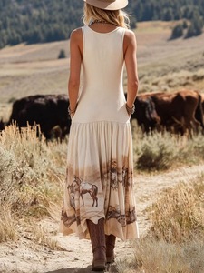 Womens Western Vintage Horse Print Sleeveless Tiered Flowy <strong>Maxi</strong> <strong>Dress</strong> Bulk Wholesale Casual Cowgirl Daily Wear Tank <strong>Dress</strong> - Product Image 4