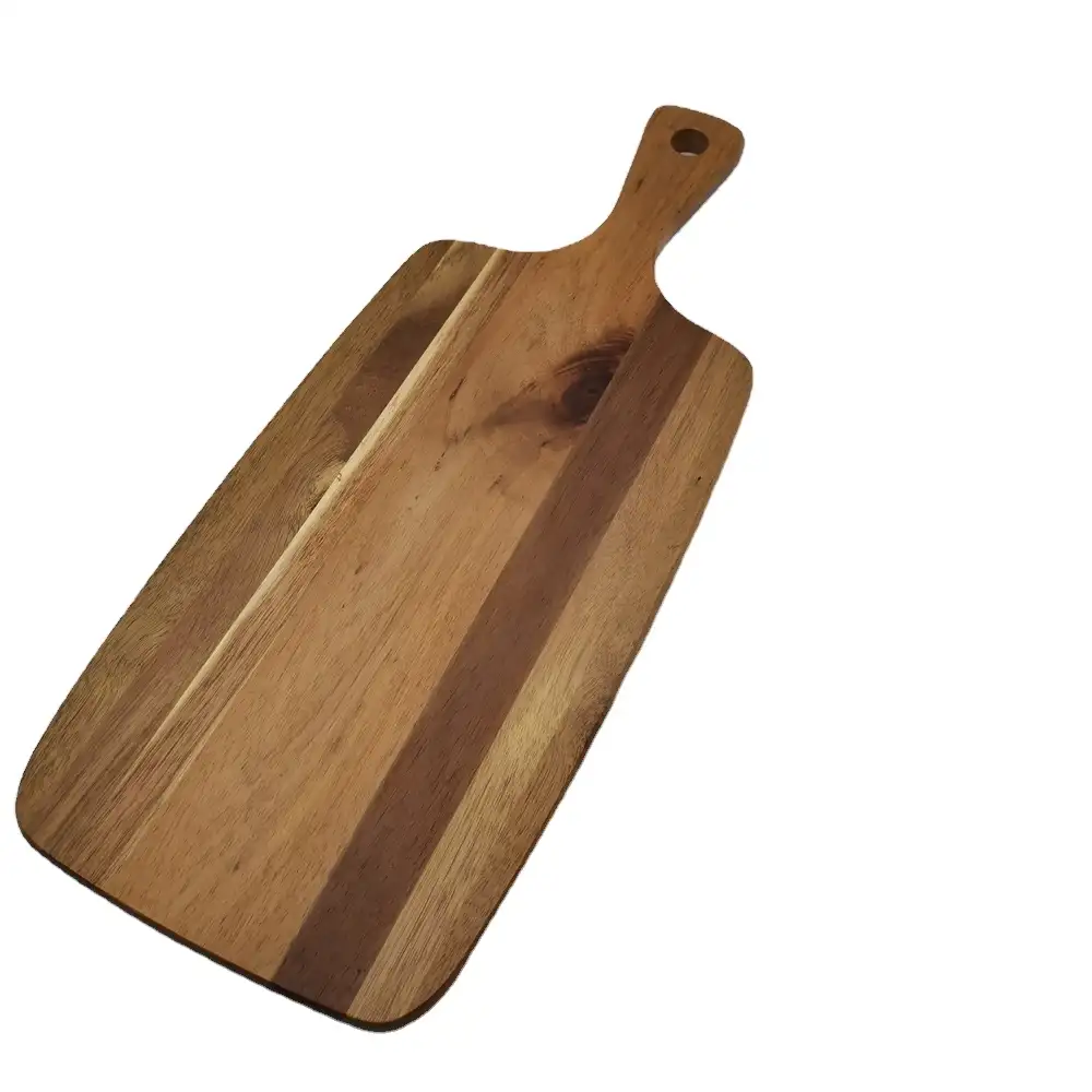 long rectangular acacia wood bread paddle cutting board with handle