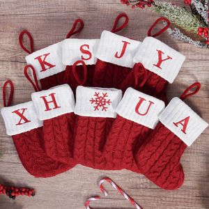 Christmas Cable Knit Ornament Red Embroidery Letter Hanging Stocking Santa Candy Gift Bag Decorative Knitted Sock Ornament - Product Image 2