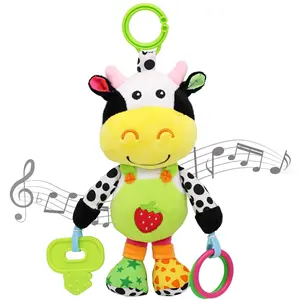 ของเล่นที่นั่งในรถสำหรับเด็กมีเสียงดนตรีและของเล่นกัดสำหรับเด็กแบบแขวนรถเข็นเหมาะสำหรับเด็กอายุ0-12เดือน (วัว)