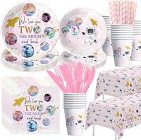 Ensemble de vaisselle moderne de 100 pièces sur le thème de l'espace extra-atmosphérique comprenant des couvertures de table et une bannière-pour 24 invités-fournitures de fête de vente chaude
