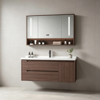 Meuble-lavabo mural en bois massif, directement de l'usine, avec vasque intégrée en céramique et miroir intelligent LED, idéal pour projets hôteliers et villas