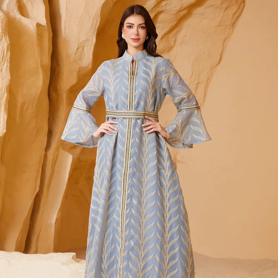 Vestido de falda larga elegante europeo americano para mujeres extranjeras jersey de manga trompeta bordado transfronterizo de Oriente Medio primavera