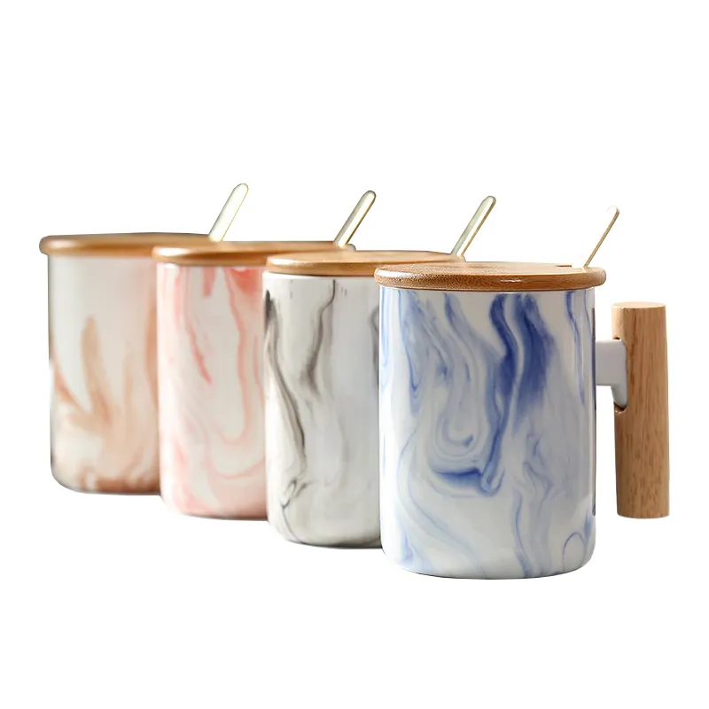 New custom hand made marble design wooden handle ceramic cup great gift nordic ceramic mug with bamboo lid and metal spoon