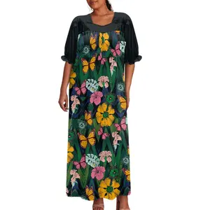 Dropshipping Clothing Women Puff Sleeve Midi Dress Plus Size Polynesian Design Custom Summer Light Loose Casual Ladies Skirts