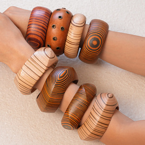 Kaimei 2025 Fashion Jewelry Wooden Rivet Geometric Pattern Bracelet <strong>Wristband</strong> Punk Pattern Wood Vintage Wooden Bracelets <strong>Bangles</strong> - Product Image 3