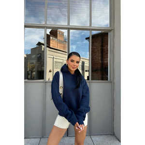 Sweat-shirt à capuche en soie bleu marine pour femme, coupe oversize, avec poche kangourou, motif brodé et imprimé, manteau d'hiver long doublé, fermeture éclair, taille XS - Product Image 1