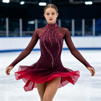 Robe de patinage artistique rouge bordeaux dégradé, ornée de strass scintillants, à manches longues, pour enfants et adultes, pour compétition et spectacle