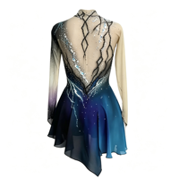 Robe de patinage artistique bleu foncé, entièrement en maille, manches longues, jupe ornée de strass, pour enfants et adultes, compétition et performance
