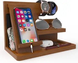 Hot Selling Wood Phone Docking Station Tray Birthday Gift for Men Desk Organizer Nightstands Docking Stand Key Phone Holder