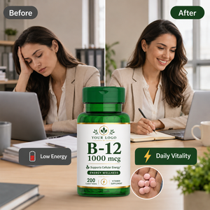 Complément alimentaire de vitamine B12 1000 mcg en comprimés, nutrition quotidienne, végétalien, en vrac, marque privée, énergie, 1000 mcg, fabriqué en usine OEM - Product Image 1