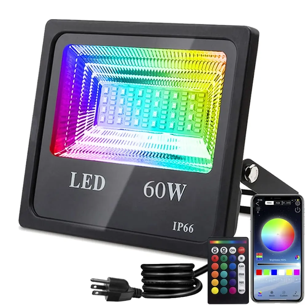 Luz de inundação led rgb 60w, com controle de aplicativo, à prova d' água ip66, luzes de segurança, para áreas externas, mudança de cor, rgb, luz para inundação