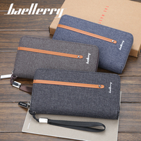 Dompet Pria Vintage Kasual Kanvas dengan Resleting, Panjang, RFID, Multi-Kartu, Clutch Terbuka, Bahan Poliester