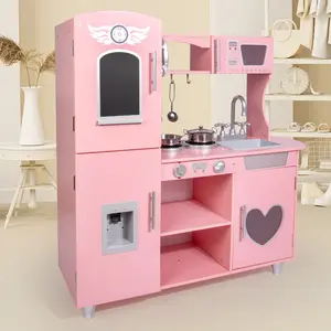 बच्चों के बर्तन लकड़ी के खिलौने गुलाबी बच्चों के लिए रसोई के सेट