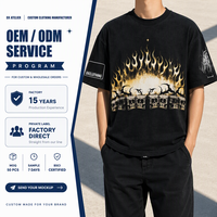 T-shirt vintage personnalisé en coton noir 280 g/m² coupe ample et épaisse, avec motif flamme vintage et impression sérigraphiée vieillie, style streetwear, OEM ODM