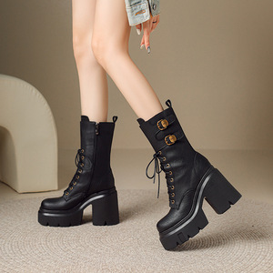 Bottes mi-<span class=keywords><strong>mollet</strong></span> en cuir véritable à semelle très épaisse <span class=keywords><strong>pour</strong></span> femme, bottes d'hiver courtes, petite taille, tendance, talon épais - Product Image 3