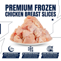Tranches de poitrine de poulet congelées Halal en gros IQF, filets de poulet congelés en vrac, tranchés fins, pour l'exportation, désossés et sans peau
