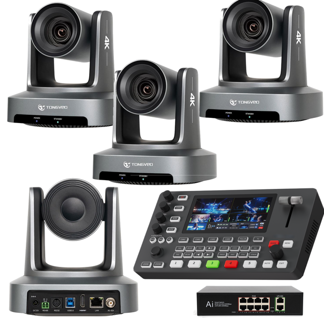 4K 20X PTZ Camera Bundle with AI Auto Tracking + Video Mixer Switcher for Live Streaming