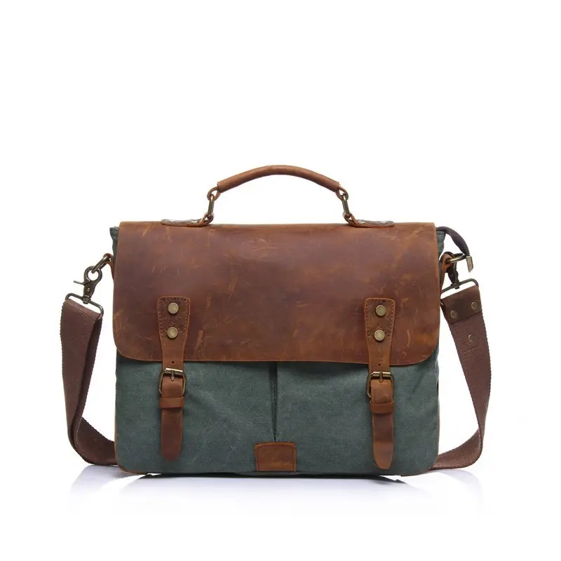 Retro briefcase satchel men tote shoulder laptop bags leather handle vintage messenger canvas bag with leather trim