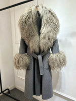 Janveny 2026 Nouvelle Collection Hiver – Manteau en Laine et Cachemire Mélangé avec Vraie Fourrure de Mouton de Mongolie pour Femme, Longueur Genou, à Lacets
