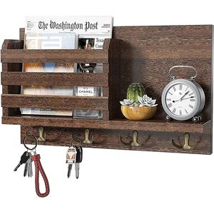 Porte-courrier mural en bois, organisateur de trieurs de courrier avec 4 crochets à Double clé - Product Image 1