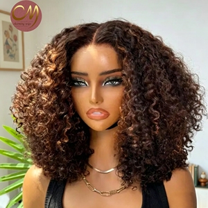 <span class=keywords><strong>Parrucca</strong></span> Frontale in Pizzo Ricci Afro Corti Marrone con Mèches, 100% Capelli Umani Veri, Ricci Crespi, Trasparente HD, per Vendita all'Ingrosso - Product Image 1