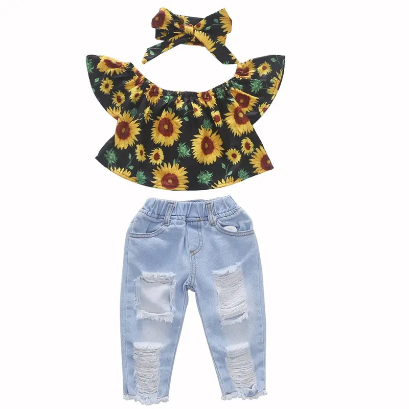 Toptan güneş çiçek çarpıntı kollu straplez çocuk kız iki parçalı kırpma üst kot pantolon seti çocuklar bebek giyim kıyafeti