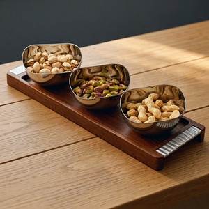 Nordic Wooden Serving Tray Stainless Steel <b>Snack</b> <b>Bowl</b> Set Decorative Dry Fruit Nut Serving Platter for Home Party - Product Image 1