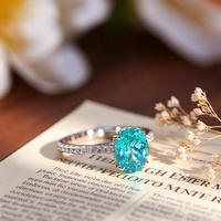 Cincin Perak 925 Lapis Emas 18K dengan Batu Paraiba Oval 7x9mm Warna Neon Biru Hijau, Perhiasan Wanita Mewah Ringan, Laris Manis