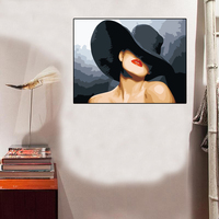 Une jeune fille moderne avec un chapeau noir et du rouge à lèvres, peinture sur toile, art mural décoratif