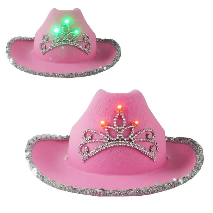 Pailletten rand Filz Cowgirl Hut Prinzessin Party Led Light Up Country Western Pink Cowboyhut mit Crown Tiara