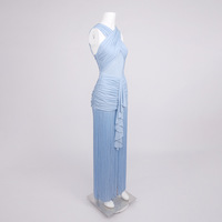Robe de soirée fluide bleu clair à franges pour femme, robe maxi sexy en maille transparente, élégante, sans manches, longue, à franges, plissée, pour soirée formelle