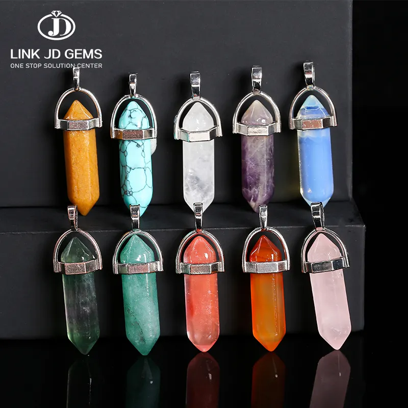 Wholesale Cheap Stone Bullet Head Pendant Natural Stones Crystal Hexagonal Column Pendant for Necklace Jewelry Making