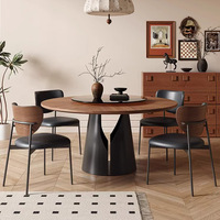 Ensemble table et chaises rondes en bois massif style rétro français, motif incrusté en noyer noir, style moderne du milieu du siècle, pour maison et petit appartement