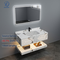 Ensemble Meuble de Salle de Bain Intelligent avec Vasque en Céramique Sans Joint et Plan de Travail en Pierre, Miroir LED, pour Toilettes et Salles de Bains