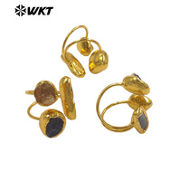 WT-R606 Bagues ajustables pour femme, style vintage, plaqué or, avec trois pierres naturelles triangulaires brutes, bijoux assortis pour soirée dansante