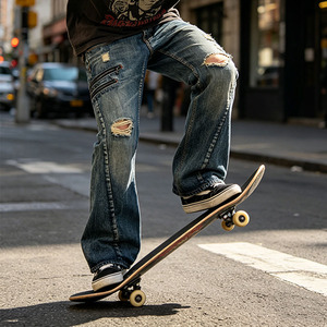 <span class=keywords><strong>Jean</strong></span> évasé <span class=keywords><strong>homme</strong></span> personnalisé avec fermeture éclair, délavé vintage, effet usé, style Y2K streetwear, petite série, écologique, pour l'été - Product Image 4
