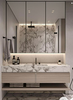 Kabinet Kamar Mandi Modern dengan Cermin Sensor Gerak, Kayu Lapis, PVC, Marmer, Wastafel Ganda, dan Lampu LED