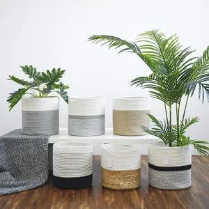 11" 12" Modern White Grey Cotton Rope Woven Plant Basket For Large Flower Pot Floor Indoor Planters Storage Organizer Basket