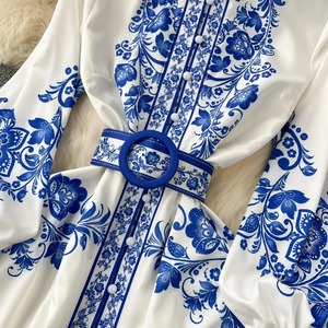 2377# Fashion Runway <strong>Red</strong> <strong>and</strong> <strong>White</strong> Porcelain <strong>Dress</strong> Women's Stand Long Lantern Sleeve <strong>Blue</strong> Floral Print Shirt Robe Vestidos - Product Image 6