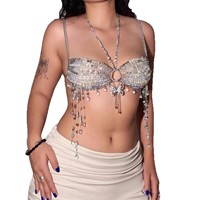 Soutien-gorge Halter à Col Nœud Perlé en Cristal - Soutien-gorge Court à Paillettes et Pompons Papillon pour Femme, Taille Unique, Idéal Soirées Rave