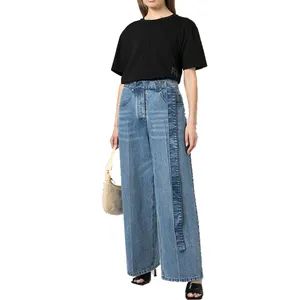 Custom Woman Lady Indigo Blue High Waist Wide Leg Long Belt Loose Jeans Pants Women Palazzo