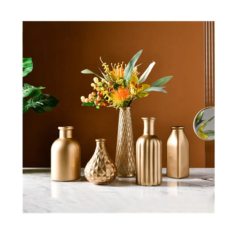 Luxus Galvanik goldene Blumen behälter Glasvase Innendekoration