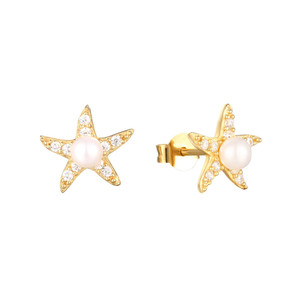Boucles d'oreilles clous en argent sterling S925 en forme d'étoile de mer avec perle, cadeau de mariage haut de gamme - Product Image 1
